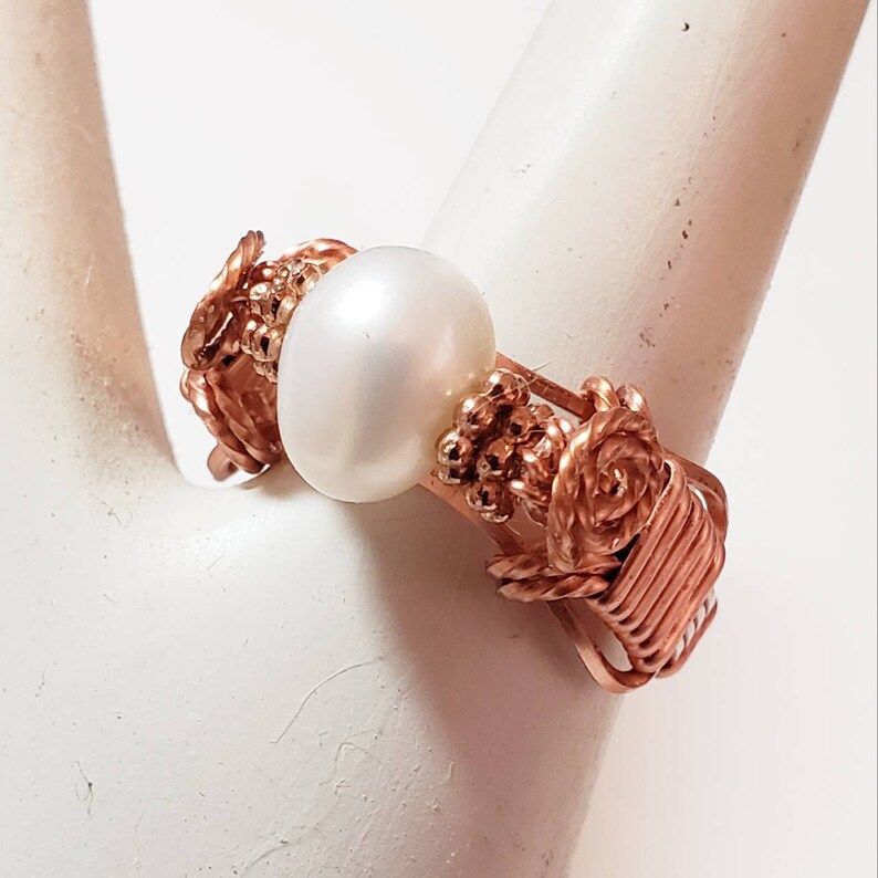 Cultured Pearl Copper Wire Wrapped Ring Custom Made to Size image 7