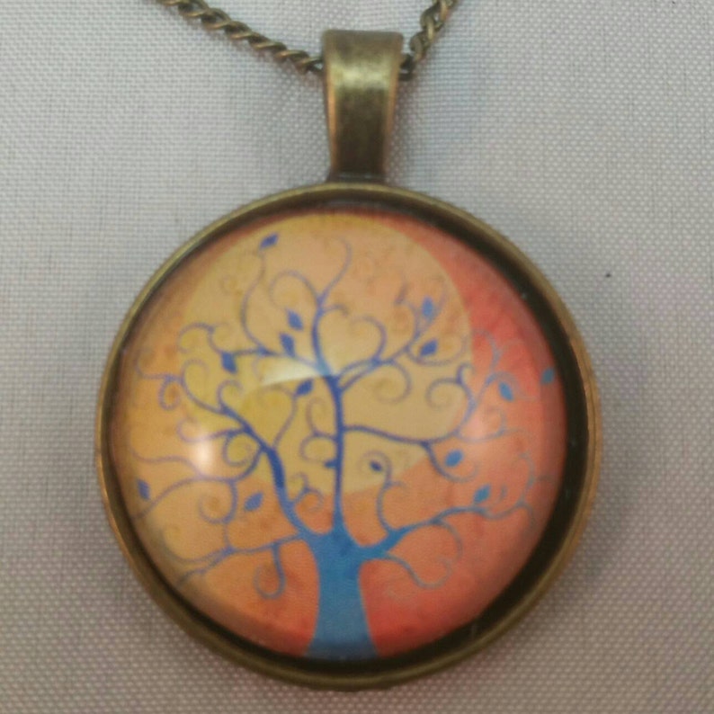 Tree of Life Necklace Pendant Family Tree Jewelry With Yellow Sun Art Picture Pendant Gift Idea for Woman or Man