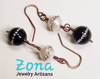 Natural Pearl Genuine Onyx Dangle Earrings, Pearl Earrings, Onyx Earrings, Black and White Earrings