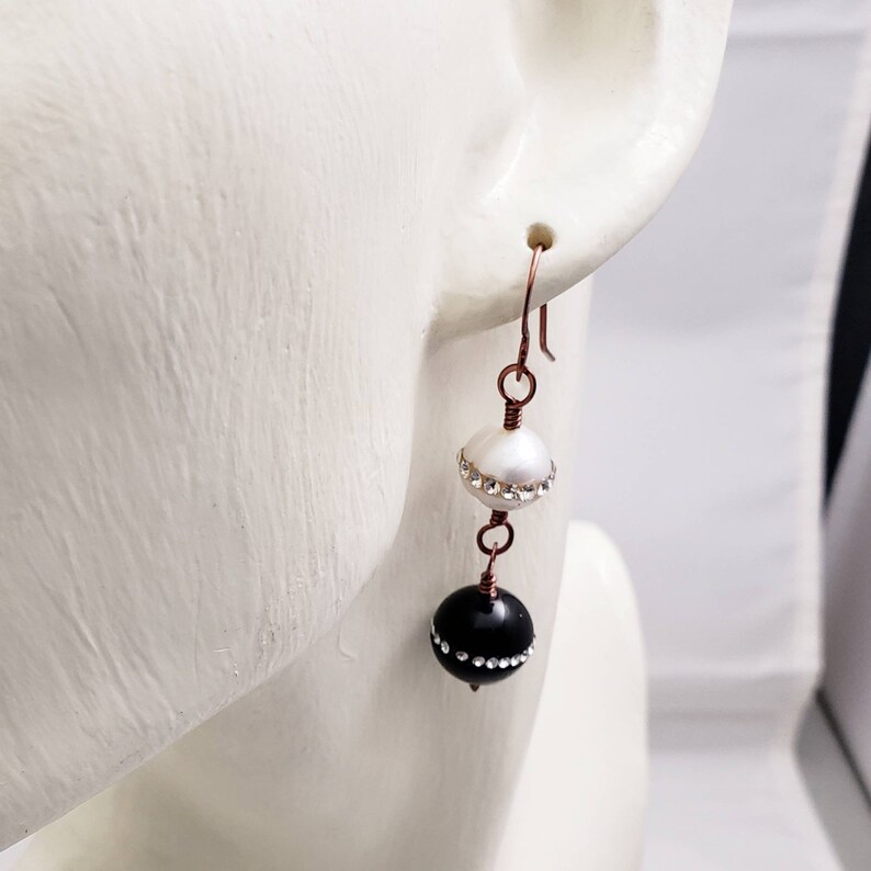 Natural Pearl Genuine Onyx Dangle Earrings, Pearl Earrings, Onyx Earrings, Black and White Earrings image 8