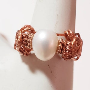 Cultured Pearl Copper Wire Wrapped Ring, Custom Made to Size, Wire Wrapped Ring, Non Tarnish Copper Ring, Genuine Cultured Pearl image 4