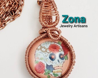 Sugar Skull Pendant, Copper Wire Wrapped Pendant, Dia De Los Muertos, Day of the Dead Necklace, Glass Art Pendant,