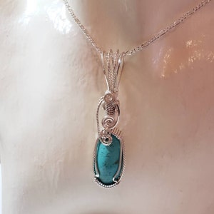 Kingman Turquoise Silver Wire Wrapped Pendant, Hand Cut Turquoise Pendant, Handmade Wire Wrap Bezel Bale, Jewelry Gift for Her image 7