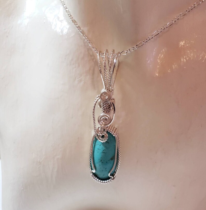 Kingman Turquoise Silver Wire Wrapped Pendant, Hand Cut Turquoise Pendant, Handmade Wire Wrap Bezel Bale, Jewelry Gift for Her image 7