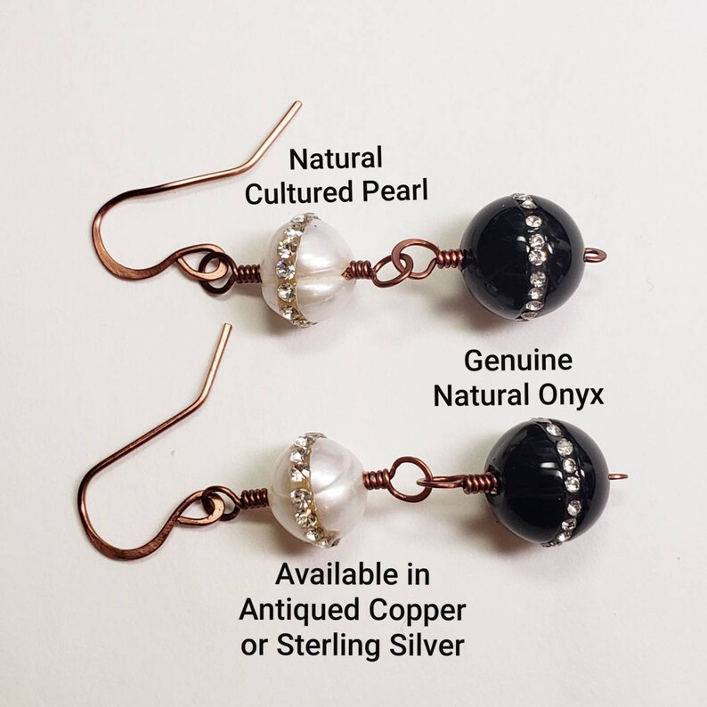 Natural Pearl Genuine Onyx Dangle Earrings, Pearl Earrings, Onyx Earrings, Black and White Earrings image 3