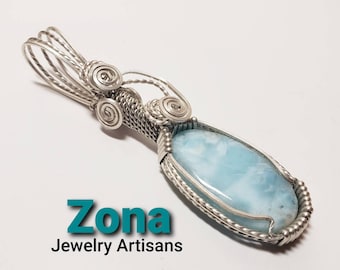 Larimar Sterling Silver Wire Wrapped Pendant, Larimar Pendant, Sterling Silver Pendant, Wire Wrapped Pendant, 925 Sterling Silver Pendant