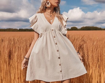 Boho mittlere Länge V-Ausschnitt Naturbaumwollkleid, natürliche Damen Boho Kleidung, Boho Sommerkleid, leichtes Sommerkleid