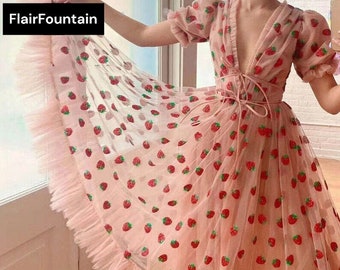 Robe d'été fraise pour femme, tulle Princesscore Cottagecore pour fée avec manches bouffantes col en V taille empire