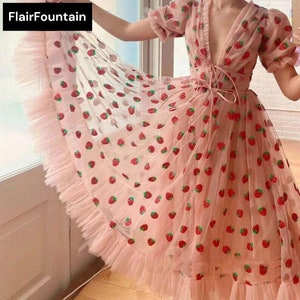 Womens Strawberry Summer Dress, Cottagecore Princesscore Tulle For Fairy With Puffy Sleeves V Neck Empire Waist