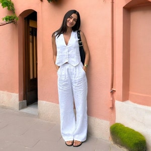 Linen Two Piece Set, Woman Cotton Linen Two Pieces Set, Casual Button Up Sleeveless Top Vest Sets, High Waisted Flare Trousers Pant Suit