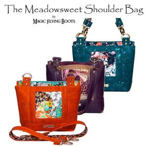 Patron de sac PDF : Le sac à bandoulière Meadowsweet, avec panneau Iris Fold, poche extérieure zippée et 2 poches intérieures
