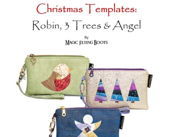 PDF Bag Pattern Willowherb Wristlet Christmas Template Bundle 1: Robin, 3 Trees, Angel