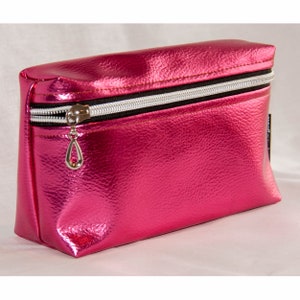 Handmade Shiny Metallic Hot Pink Cosmetics Bag with Silver Zip