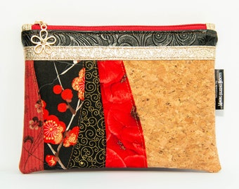 Handmade Red & Black Metallic Floral Cork Patchwork Clutch Bag
