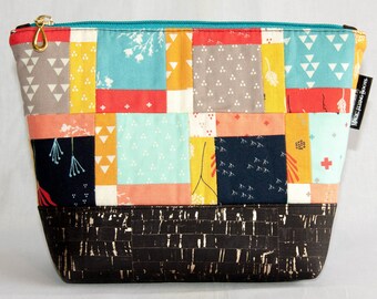 Grote handgemaakte zwart/goud Cork & kleurrijke Moda patchwork make-up/accessoires/reizen/Gadget Bag