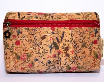 Handmade Flowers and Hummingbirds Natural Cork Vegan Eco-Friendly Cosmetics Storage Bag