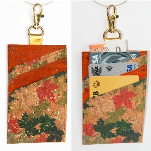 Handmade Gold Flecked Orange & Green Leaves Cork Card Holder Wallet with Clip