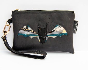 Handmade Black Cork Iris Fold Willowherb Bat Wristlet Clutch Bag