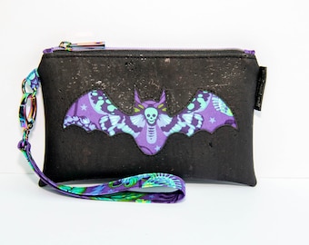 Handmade Black Cork Willowherb Bat Wristlet Clutch Bag with Tula Pink Skull Fabric