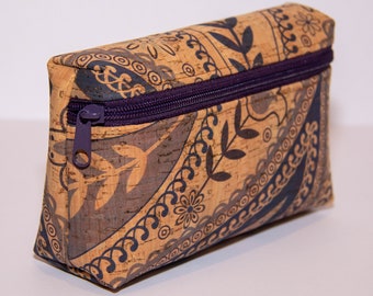 Handmade Indigo Dark Purple Floral Paisley Design Natural Cork Vegan Eco-Friendly Cosmetics Storage Bag