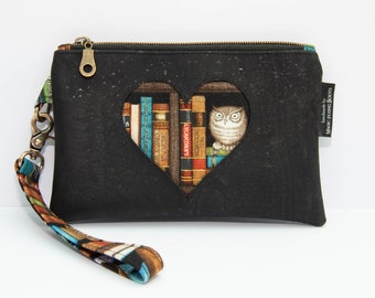 Handmade Black Cork & Spooky Bookcase Willowherb Heart Wristlet Clutch Bag