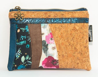 Handmade Blue & Pink Floral Cork Patchwork Clutch Bag