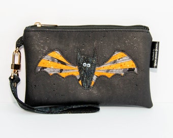 Handmade Black Cork Iris Fold Willowherb Googly Eyes Bat Wristlet Clutch Bag