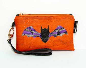 Handmade Orange Cork Iris Fold Willowherb Bat Wristlet Clutch Bag