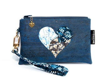 Handmade Deep Blue Cork & Iris Folded FloralWillowherb Heart Wristlet Clutch Bag