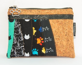 Handmade Cat Themed Cork Patchwork Clutch Bag