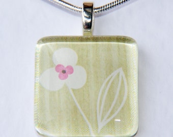 Handmade Glass Tile Green, White & Pink Flower Pendant