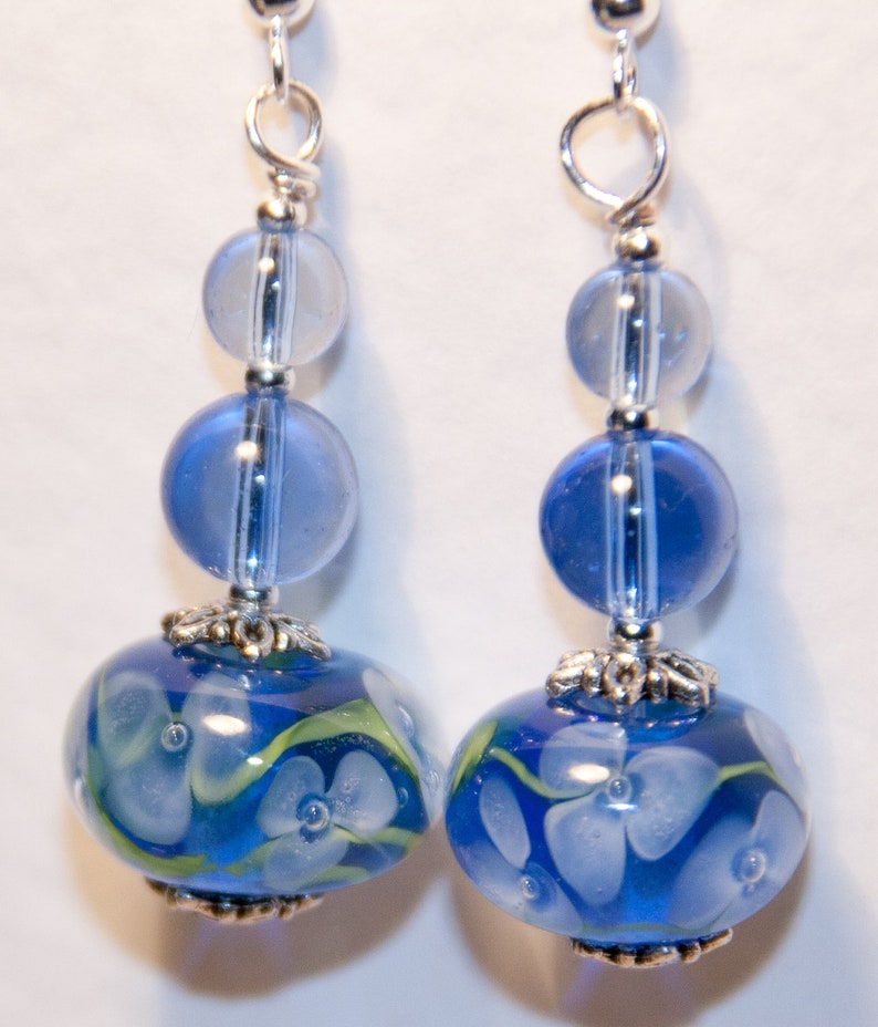 Handmade Silver Plated Wire Earrings With Blue Flowers Etsy