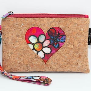 Handmade Silvered Cork & Hippie Floral Willowherb Heart Wristlet Clutch Bag