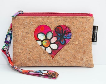 Handmade Silvered Cork & Hippie Floral Willowherb Heart Wristlet Clutch Bag