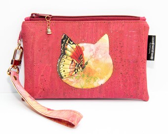 Handmade Deep Pink Cork & Butterfly Willowherb Cat Wristlet Clutch Bag