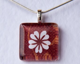 Handmade Glass Tile Brown & White Flower Pendant
