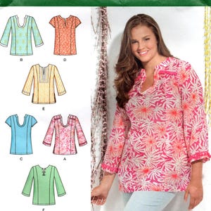 以下が含まれることがあります： Simplicityの型紙1461 BB。ピンクの花柄チュニックを着た女性が特徴です。この型紙には、さまざまな袖丈とネックラインのチュニックのデザインが含まれています。サイズはユーロ46-54、フランス48-56です。