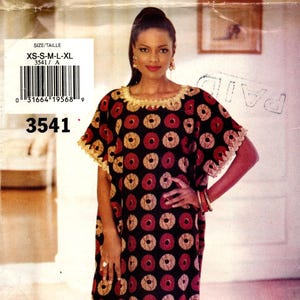 May include: A black maxi dress featuring a pattern of red and gold circles. The dress has a side slit and gold lace trim. The image also includes the text "see & sew YES! IT'S easy".