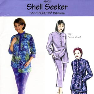 May include: Image of a sewing pattern titled "Shell Seeker" with illustrations of women's clothing. The pattern includes tops and pants in various styles. The text on the pattern reads "Patterns with Pockets, Fashion with Function."