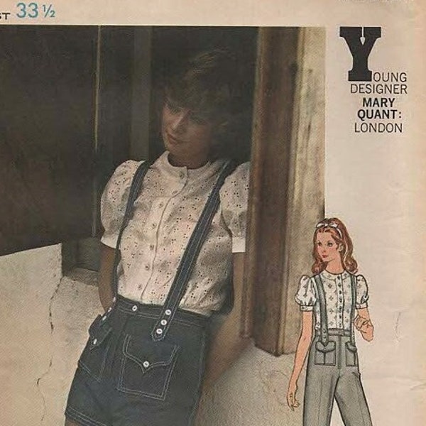 Butterick 6243 MARY QUANT DESIGNER Blouse, Suspenders, Hot Pants, Flared Pants c.1971