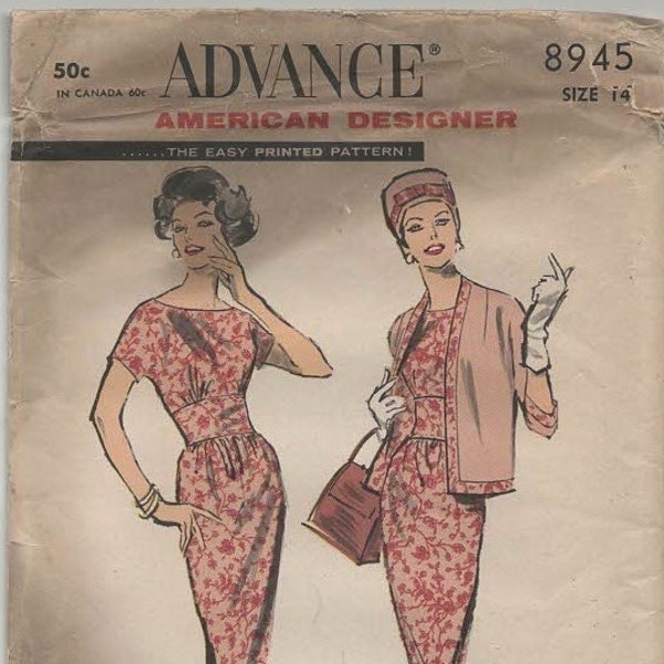 Advance 8945 EDITH HEAD Dress & Reversible Jacket Size 14 Bust 34 © 1959