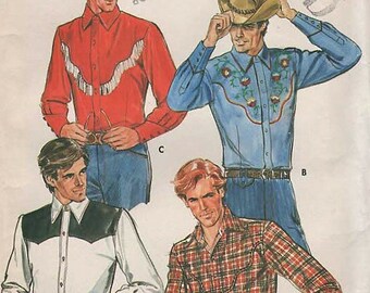 Butterick 4181 Mens CLASSIC WESTERN SHIRT w/ Embroidery Transfer Contrast Yoke Vintage 1980s Choice 15 1/2 Or 17 1/2