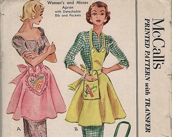 McCall's 1650 Bib Apron DETACHABLE POCKETS & TOP Vintage 1951 Uncut w/ Transfers