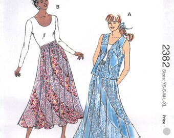 KWIK SEW 2382 Twelve Panel Swirling Skirt 2 or 3 Contrast Fabrics, Vest Too UNCUT Xs Sm Med Lg Xlg