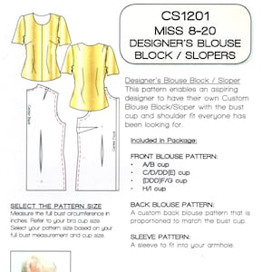 Op de afbeelding: Een naaipatroon voor een designer blouseblok en sloper, CS1201 Miss 8-20. Het patroon bevat voor- en achterblousepatronen, mouwpatroon en instructies. De patroongrootte wordt geselecteerd op basis van de volledige borstomvang in inches en cupmaat.