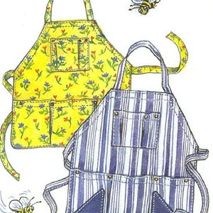 May include: Two aprons with bee illustrations. One apron is yellow with a floral pattern, the other is blue and white striped. Both aprons have pockets and are designed for kitchen or gardening use.