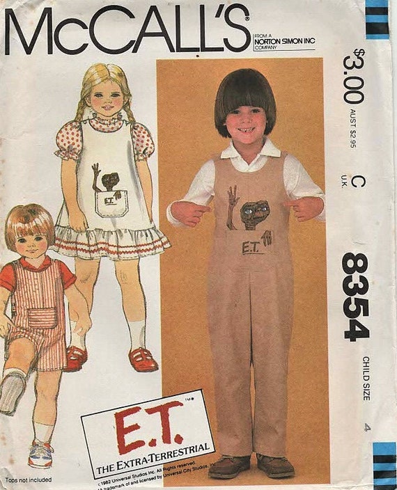 McCall's 8354 Jumper & Jumpsuit IRON-ON E.T TRANSFER Size Choice 3 or 4  \u00a91982