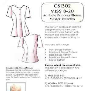 May include: A sewing pattern for an Armhole Princess Blouse, sizes Misses 8-20 and Woman 1X-6X. The pattern includes diagrams of the blouse and a photo of a woman. The text reads "Fashion Patterns by Coni."