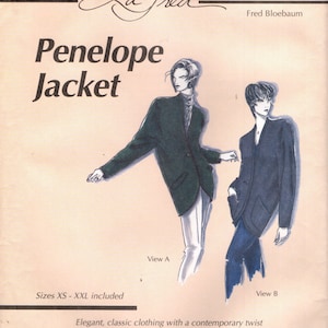 May include: Illustration of the "Penelope Jacket" clothing design by La Fred. The image shows two jacket designs, View A in dark green and View B in navy blue. Text includes "Sizes XS - XXL included" and "Elegant, classic clothing with a contemporary twist."