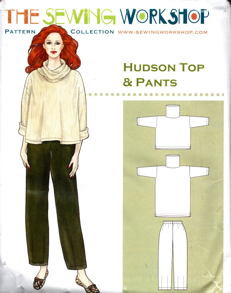 May include: A sewing pattern envelope titled The Sewing Workshop Pattern Collection Hudson Top & Pants. It features an illustration of a person wearing a cream-colored cowl-neck top and dark olive green trousers, with technical line drawings.